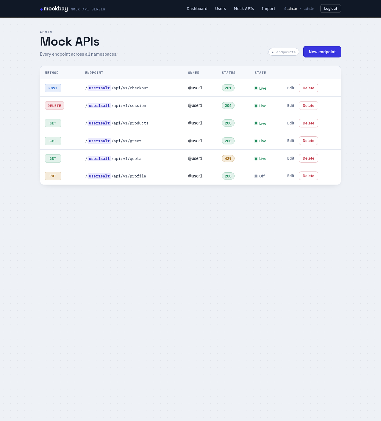 Admin mock APIs table across all namespaces.