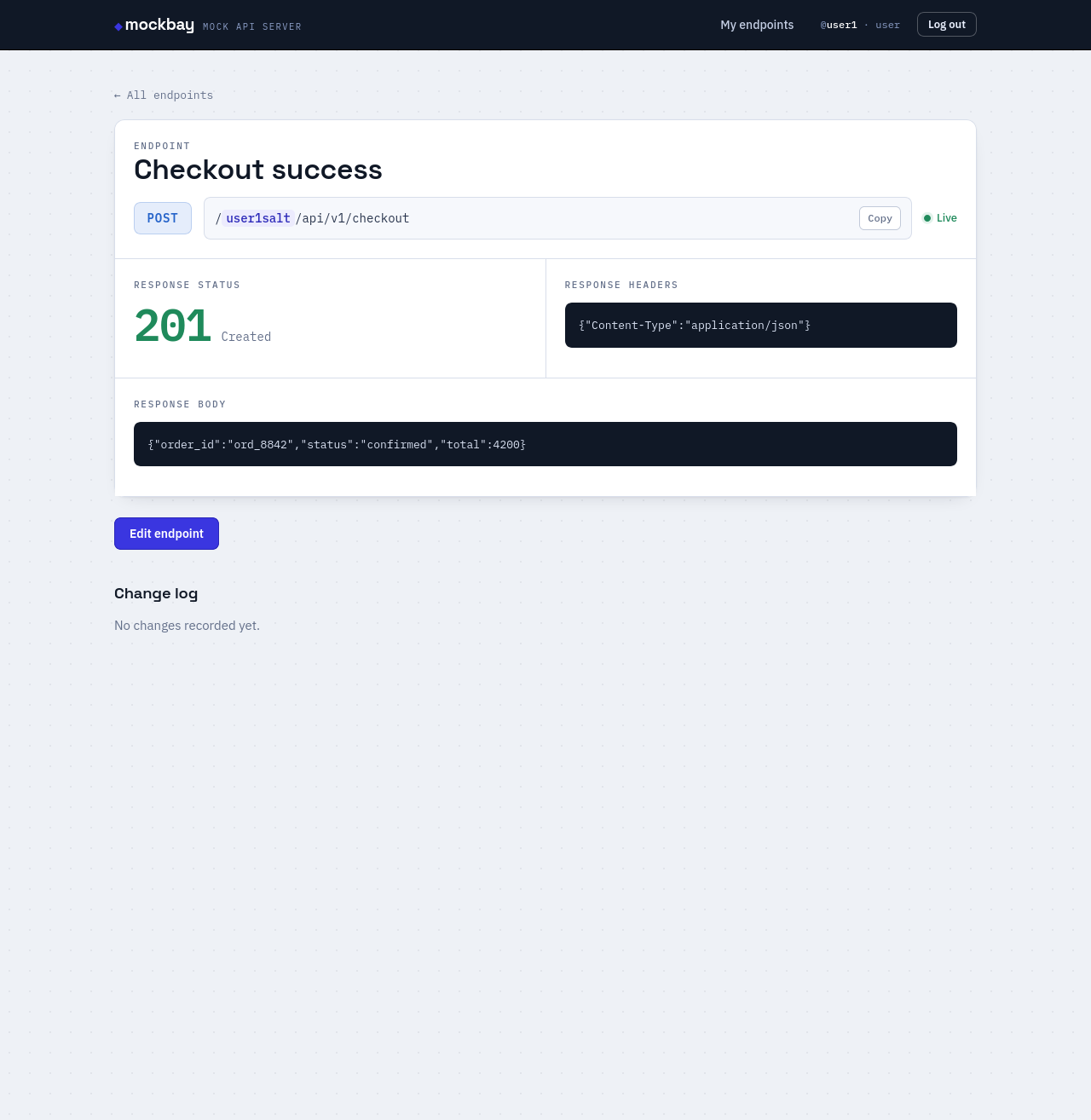 Endpoint detail page with status readout, response headers and body panels.