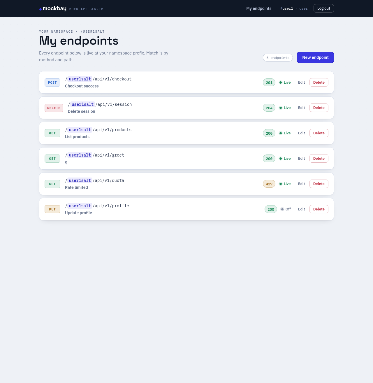 The My Endpoints list showing method badges, route lines, status chips and live indicators.