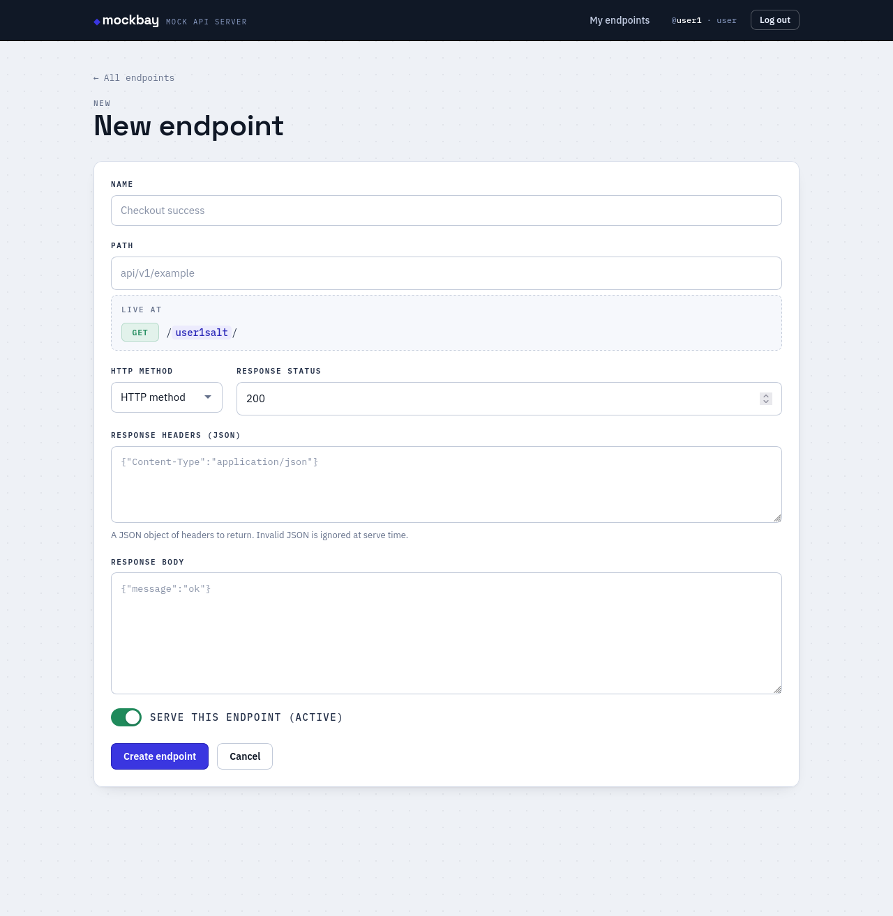 New endpoint form with live URL preview and an active toggle.