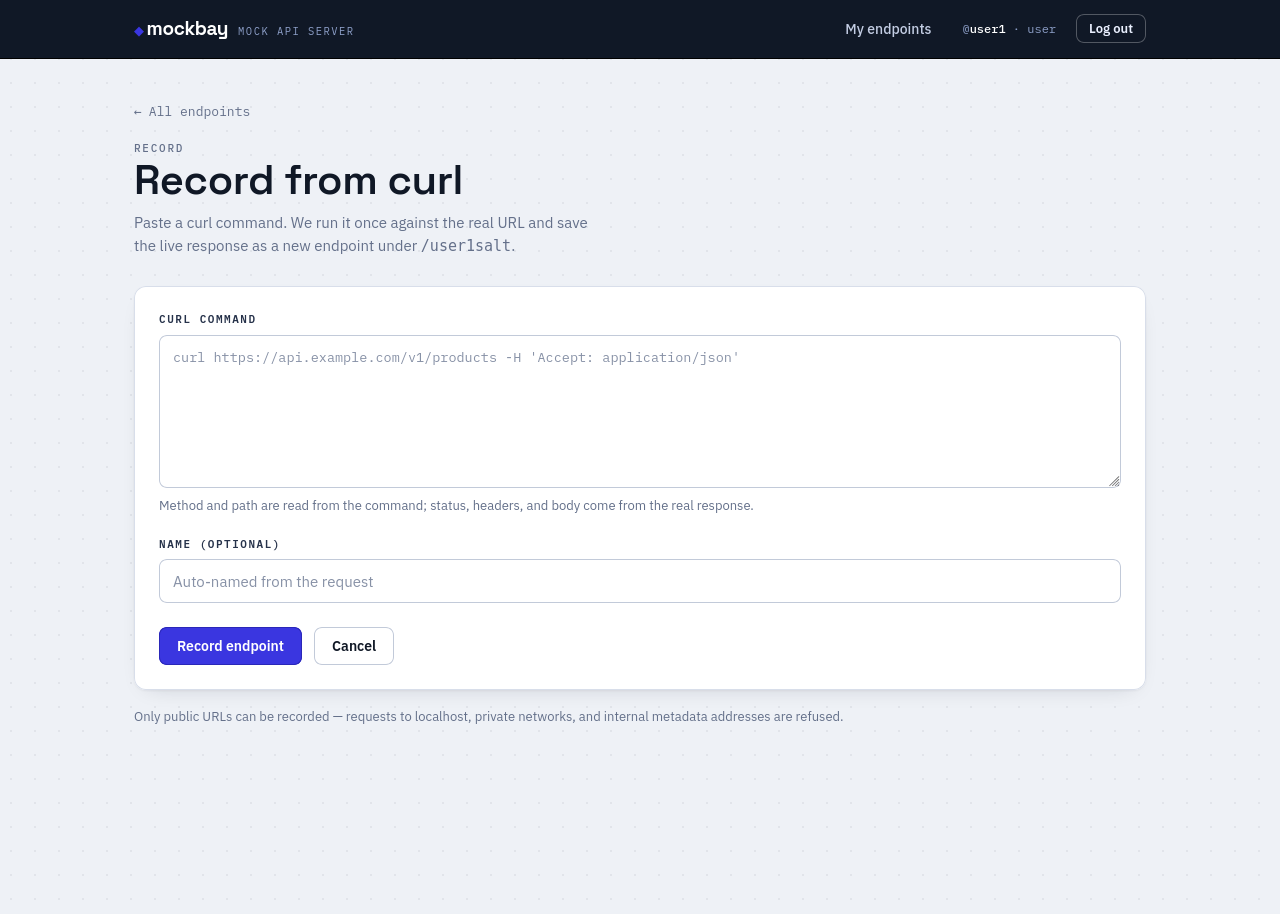 Record from curl form with a curl command textarea and optional name.